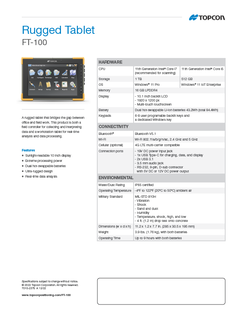 Topcon FT-100 Rugged Tablet data sheet - Rev A