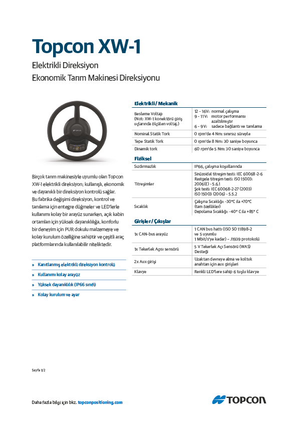 Topcon XW1 Electric Steering Wheel Datasheet (Turkish) - Rev A