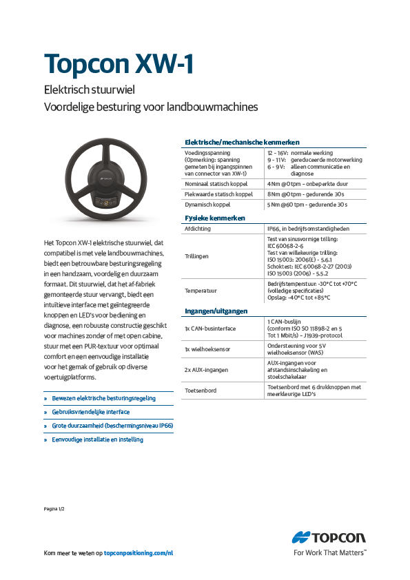 XW1 Electric Steering Wheel Datasheet (Dutch) - Rev A